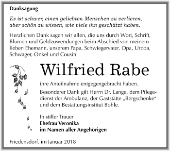 Traueranzeige von Wilfried Rabe von Mitteldeutsche Zeitung Merseburg/Querfurt