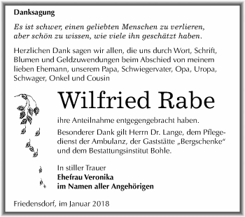 Traueranzeige von Wilfried Rabe von WVG - Wochenspiegel Merseburg