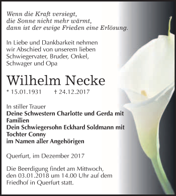 Traueranzeige von Wilhelm Necke von WVG - Wochenspiegel Merseburg
