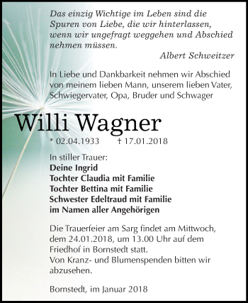 Traueranzeige von Willi Wagner von Wochenspiegel Mansfelder Land