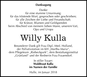 Traueranzeige von Willy Kulla von Mitteldeutsche Zeitung Halle/Saalkreis