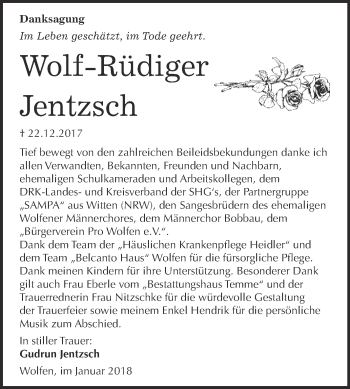 Traueranzeige von Wolf-Rüdiger Jentzsch von WVG - Wochenspiegel Bitterfeld