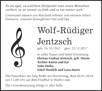 Traueranzeige von Wolf-Rüdiger Jentzsch von WVG - Wochenspiegel Bitterfeld