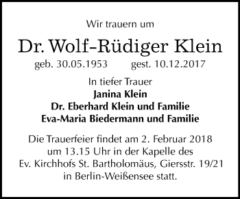 Traueranzeige von Wolf-Rüdiger Klein von Mitteldeutsche Zeitung Bernburg