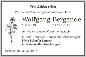 Traueranzeige von Wolfgang Bergande von Wochenspiegel Mansfelder Land