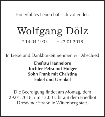 Traueranzeige von Wolfgang Dölz von WVG - Wochenspiegel Wittenberg