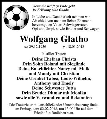 Traueranzeige von Wolfgang Glatho von Mitteldeutsche Zeitung Dessau-Roßlau