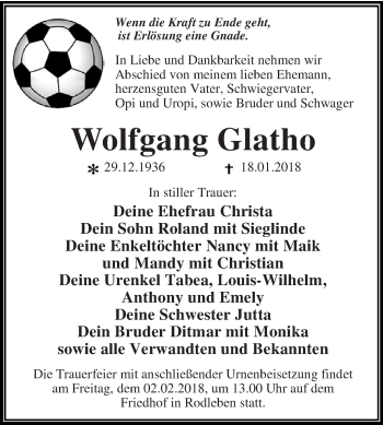 Traueranzeige von Wolfgang Glatho von WVG - Wochenspiegel Dessau / Köthen