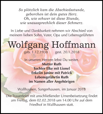 Traueranzeige von Wolfgang Hoffmann von Super Sonntag SGH Mansf. Land