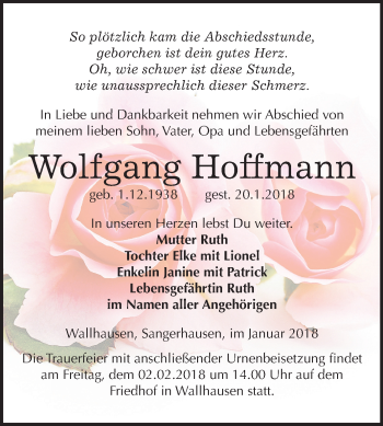Traueranzeige von Wolfgang Hoffmann von Mitteldeutsche Zeitung Sangerhausen