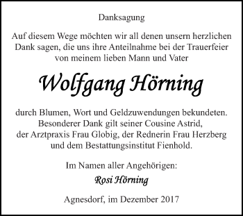 Traueranzeige von Wolfgang Hörning von WVG - Wochenspiegel SGH