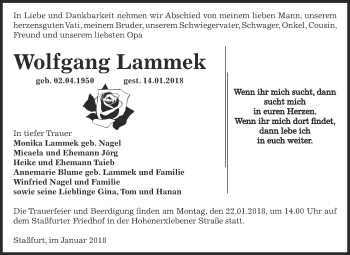 Traueranzeige von Wolfgang Lammek von WVG - Wochenspiegel Aschersleben