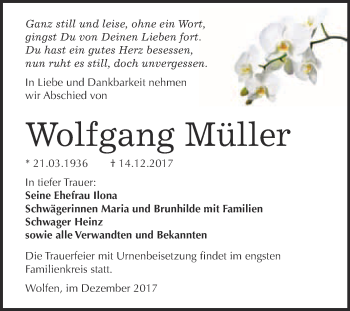 Traueranzeige von Wolfgang Müller von WVG - Wochenspiegel Bitterfeld