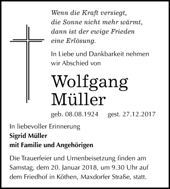 Traueranzeige von Wolfgang Müller von Mitteldeutsche Zeitung Köthen