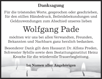 Traueranzeige von Wolfgang Pade von Super Sonntag Aschersleben