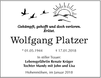 Traueranzeige von Wolfgang Platzer von Mitteldeutsche Zeitung Weißenfels