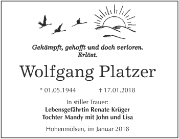 Traueranzeige von Wolfgang Platzer von WVG - Wochenspiegel NMB / WSF / ZTZ