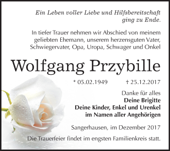 Traueranzeige von Wolfgang Przybille von Mitteldeutsche Zeitung Sangerhausen