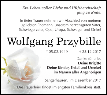 Traueranzeige von Wolfgang Przybille von Super Sonntag SGH Mansf. Land