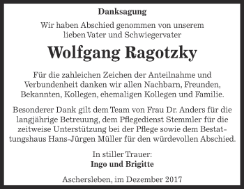 Traueranzeige von Wolfgang Ragotzky von Super Sonntag Aschersleben