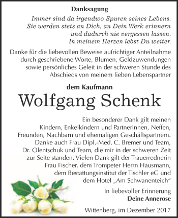 Traueranzeige von Wolfgang Schenk von WVG - Wochenspiegel Wittenberg