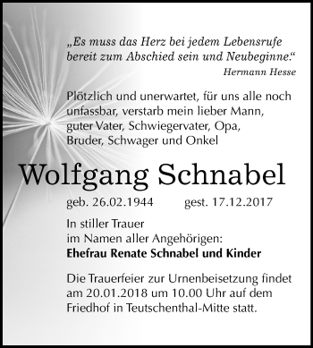 Traueranzeige von Wolfgang Schnabel von Mitteldeutsche Zeitung Halle/Saalkreis