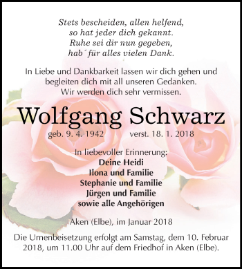 Traueranzeige von Wolfgang Schwarz von WVG - Wochenspiegel Dessau / Köthen