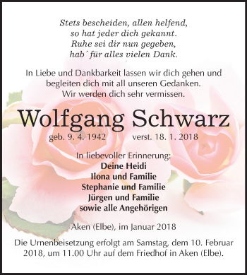 Traueranzeige von Wolfgang Schwarz von Mitteldeutsche Zeitung Köthen