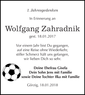 Traueranzeige von Wolfgang Zahradnik von WVG - Wochenspiegel Dessau / Köthen