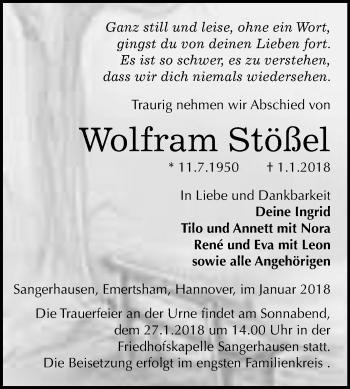 Traueranzeige von Wolfram Stößel von Mitteldeutsche Zeitung Sangerhausen