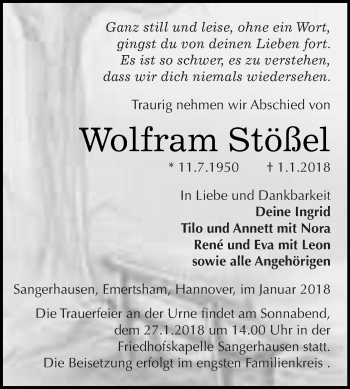 Traueranzeige von Wolfram Stößel von Super Sonntag SGH Mansf. Land