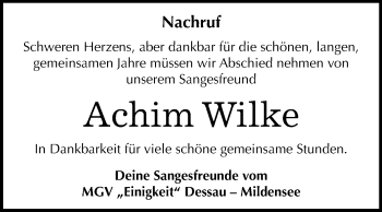 Traueranzeige von Achim Wilke von Mitteldeutsche Zeitung Dessau-Roßlau