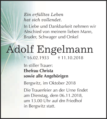 Traueranzeige von Adolf Engelmann von WVG - Wochenspiegel Wittenberg