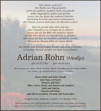 Traueranzeige von Adrian Rohn von Super Sonntag SGH Mansf. Land