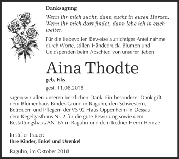 Traueranzeige von Aina Thodte von WVG - Wochenspiegel Bitterfeld