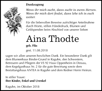 Traueranzeige von Aina Thodte von Mitteldeutsche Zeitung Bitterfeld