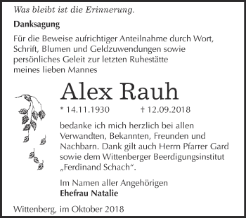 Traueranzeige von Alex Rauh von WVG - Wochenspiegel Wittenberg