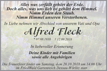 Traueranzeige von Alfred Fleck von Mitteldeutsche Zeitung Dessau-Roßlau