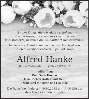 Traueranzeige von Alfred Hanke von Super Sonntag Wittenberg