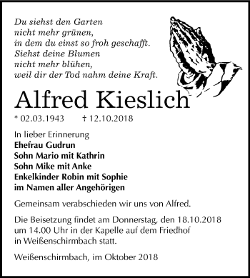 Traueranzeige von Alfred Kieslich von Mitteldeutsche Zeitung Merseburg/Querfurt