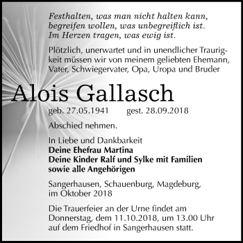 Traueranzeige von Alois Gallasch von Mitteldeutsche Zeitung Sangerhausen