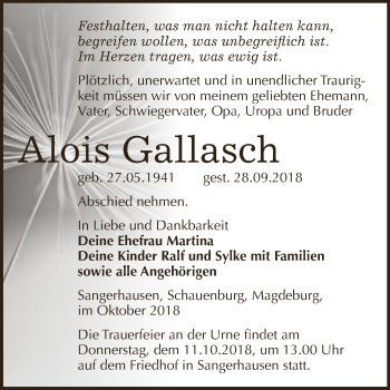 Traueranzeige von Alois Gallasch von Super Sonntag SGH Mansf. Land