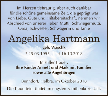 Traueranzeige von Angelika Hartmann von Super Sonntag SGH Mansf. Land