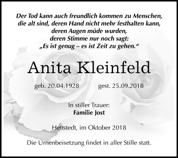 Traueranzeige von Anita Kleinfeld von Mitteldeutsche Zeitung