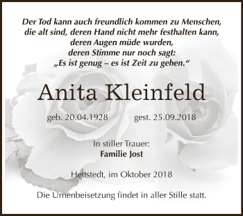 Traueranzeige von Anita Kleinfeld von Super Sonntag SGH Mansf. Land