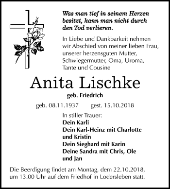 Traueranzeige von Anita Lischke von Mitteldeutsche Zeitung Merseburg/Querfurt