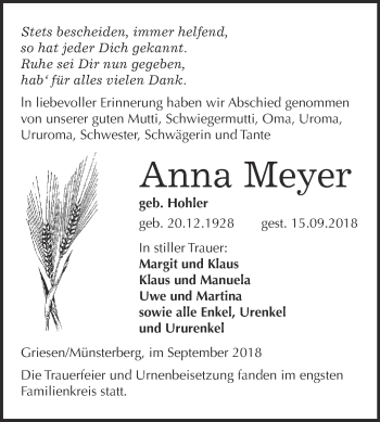 Traueranzeige von Anna Meyer von WVG - Wochenspiegel Wittenberg