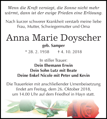 Traueranzeige von Anna Marie Doyscher von Mitteldeutsche Zeitung