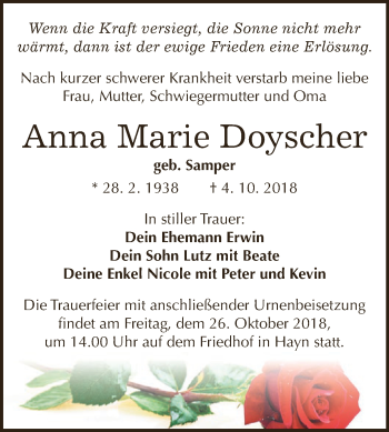 Traueranzeige von Anna Marie Doyscher von Super Sonntag SGH Mansf. Land