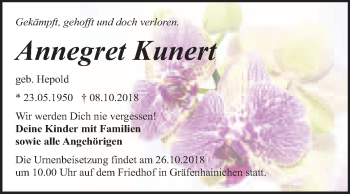 Traueranzeige von Annegret Kunert von WVG - Wochenspiegel Bitterfeld